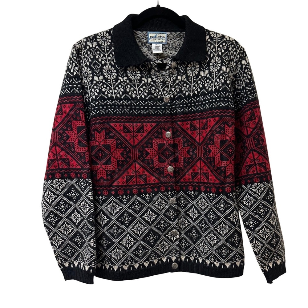Pendleton Originals Wool Cardigan Sweater Red Black Fair Isle Polo Collar Large - Picture 2 of 8